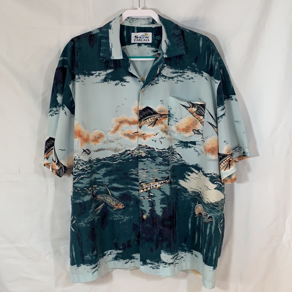 Sun Casuals Vintage 80's Button Up Shirt Short Sleeve Hawaiian Fish Sz ? L-XL?